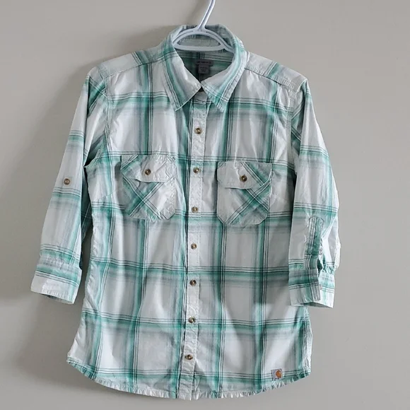 Carhartt Women's White and Green Plaid Button Down 3/4 Sleeves Shirt Size M - Picture 1 of 16